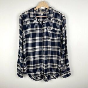 Lucky Brand Plaid Flannel Shirt Womens S Navy Blue Long Sleeve Button Up Top